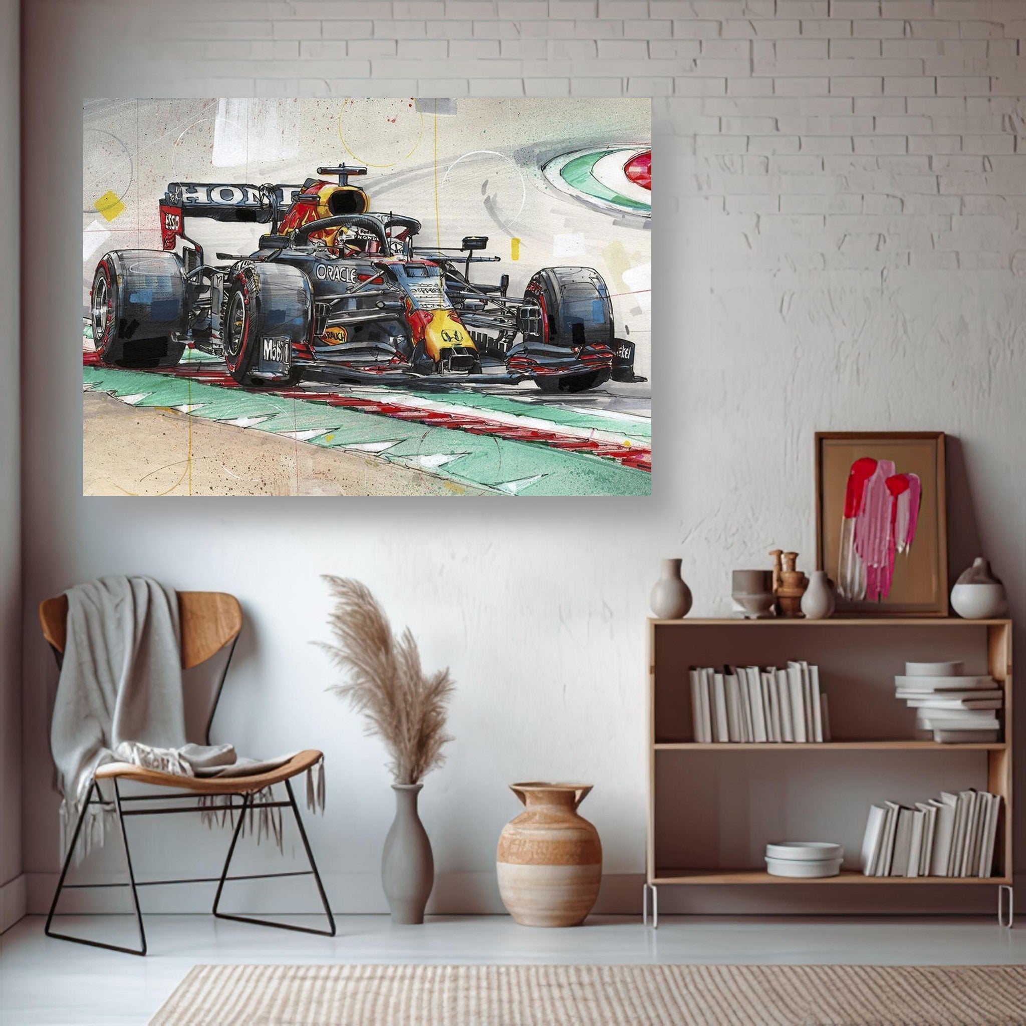 Max Verstappen F1 Red Bull poster displayed in a modern living room, showcasing vibrant colors and dynamic details.