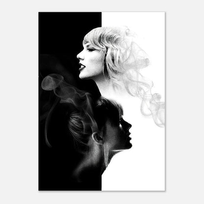 Taylor Swift black and white poster featuring dual-tone design with smoky accents and iconic profile image.