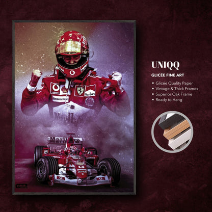 Michael Schumacher fine art print featuring Ferrari suit and championship car in vibrant colors, ready to hang.