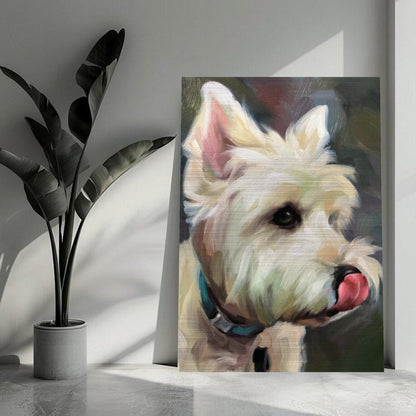 Westie dog painting on brushed metal print showcasing playful expression and vibrant colors.