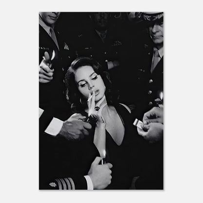 Lana Del Ray Smoking Poster featuring a dramatic black-and-white image of the artist surrounded by admirers with lighters.