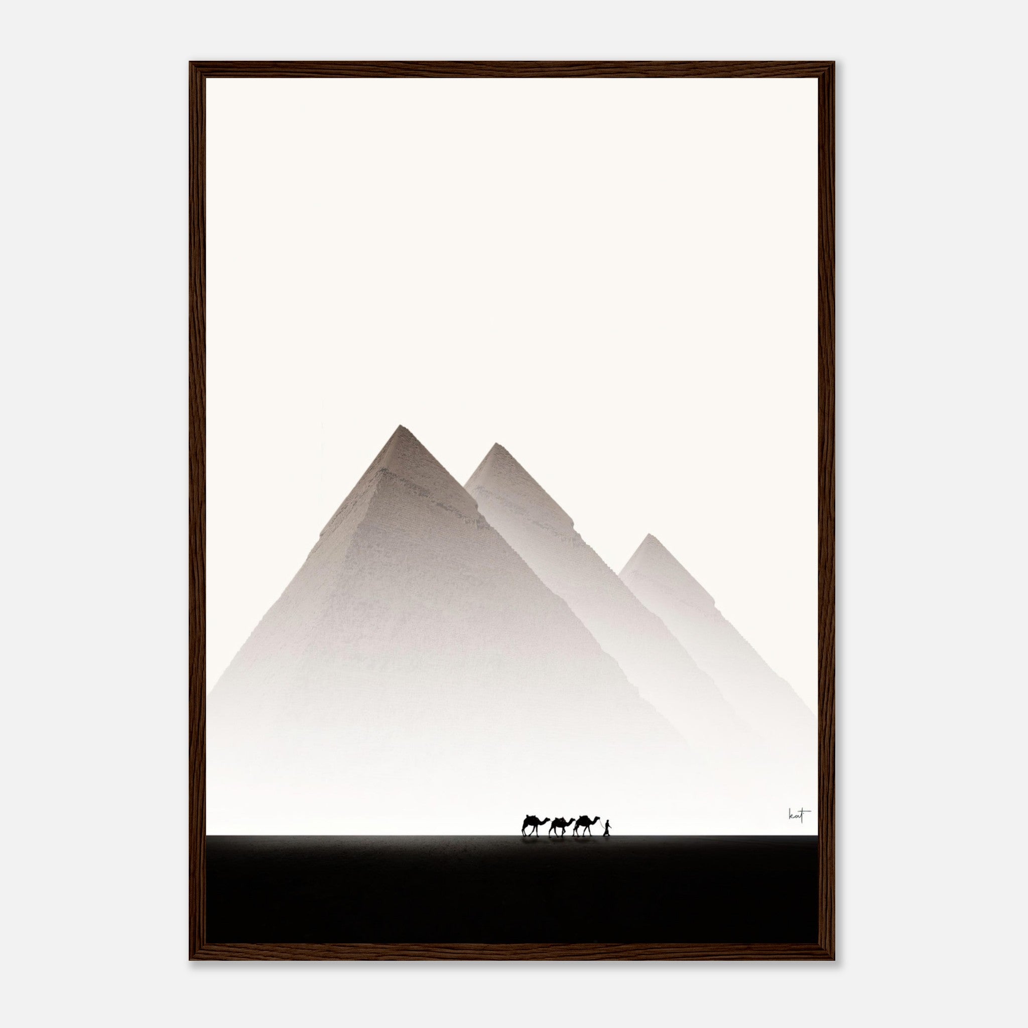 Framed print of the Pyramids of Giza with silhouettes of camels against a minimalist desert backdrop.