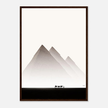 Framed print of the Pyramids of Giza with silhouettes of camels against a minimalist desert backdrop.