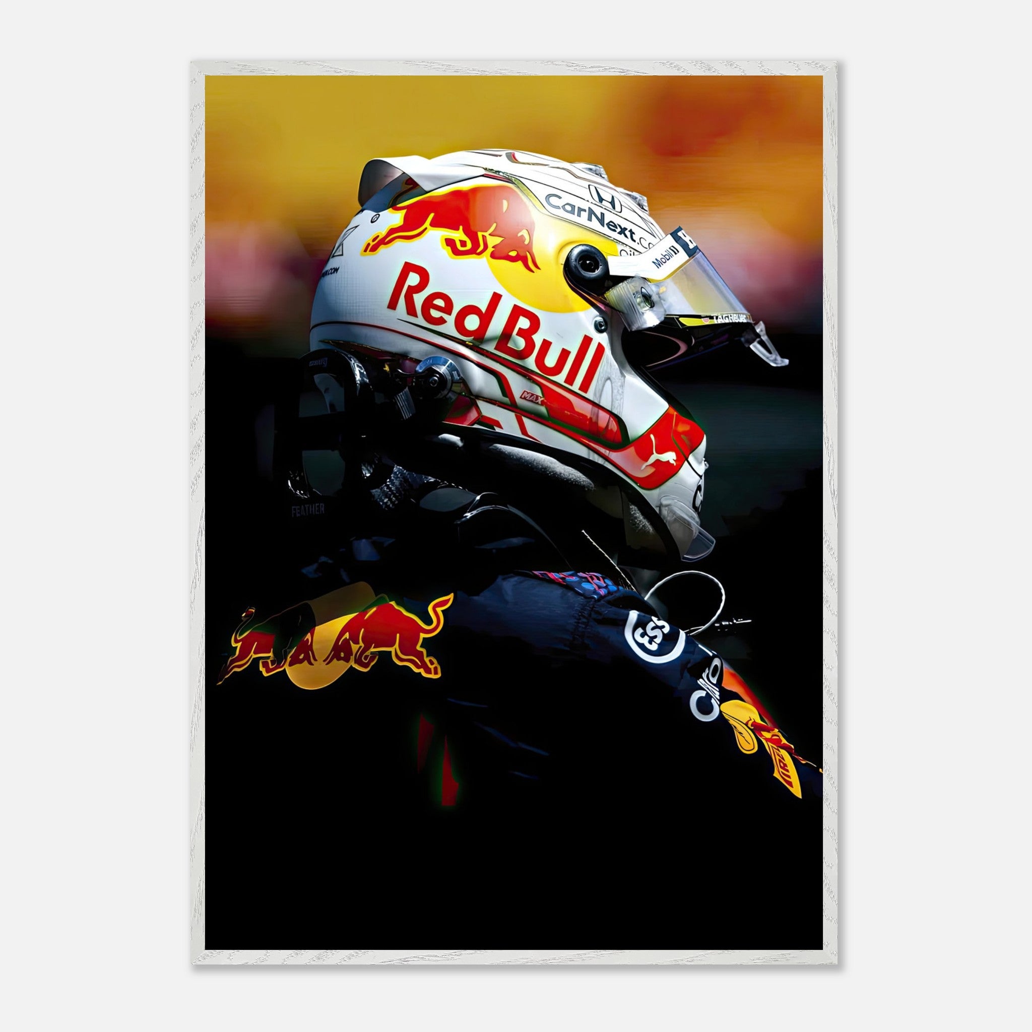 Framed fine art print of Max Verstappen in Red Bull racing helmet, showcasing vibrant colors and intense imagery.