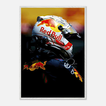 Framed fine art print of Max Verstappen in Red Bull racing helmet, showcasing vibrant colors and intense imagery.