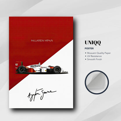 Ayrton Senna McLaren MP4/4 poster on museum-quality paper, showcasing iconic F1 car with vibrant red design and smooth finish.