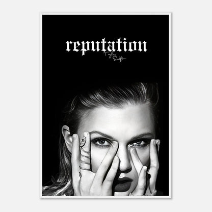 Taylor Swift Reputation framed print featuring bold black-and-white imagery and striking typography.