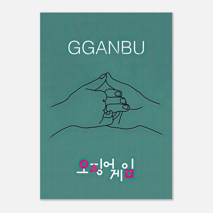 Minimalist GGANBU Squid Game poster featuring iconic handshake artwork on a teal backdrop. Perfect for fans.