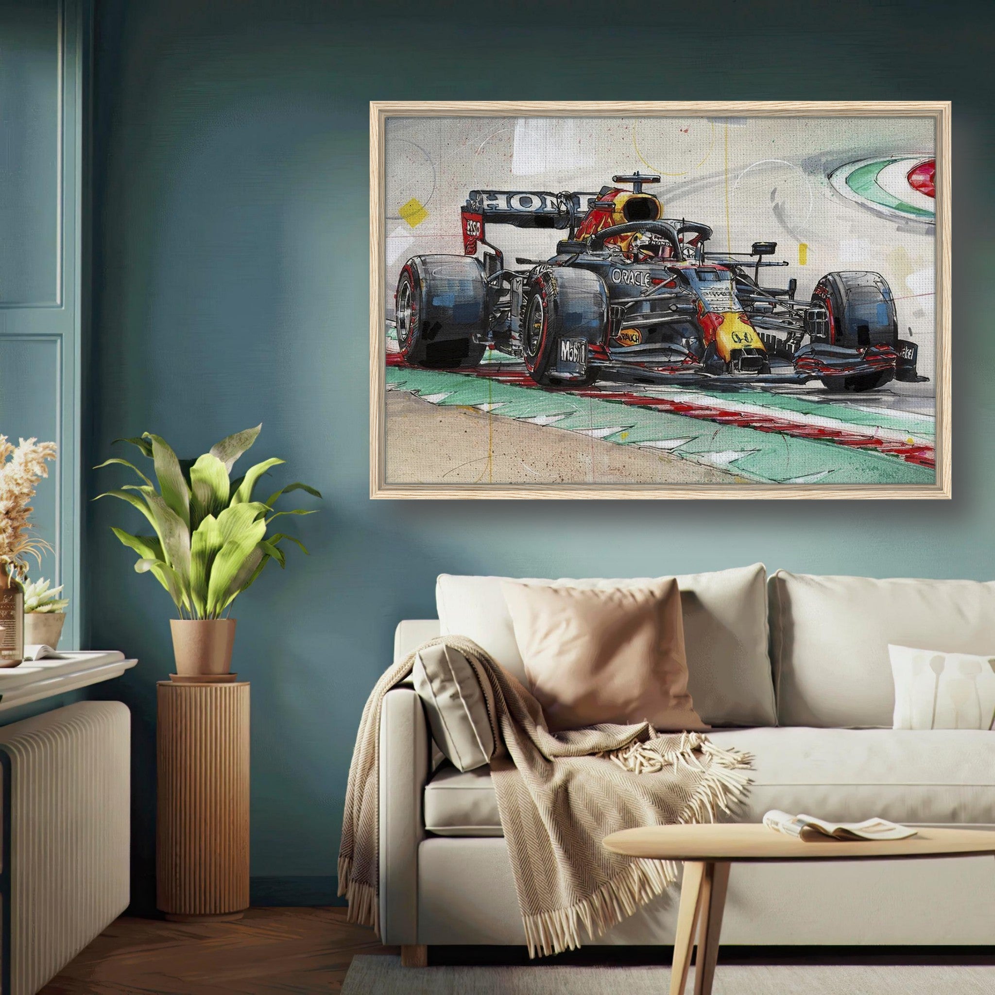 Framed canvas print of Max Verstappen racing his Red Bull car in a stylish living room setting.