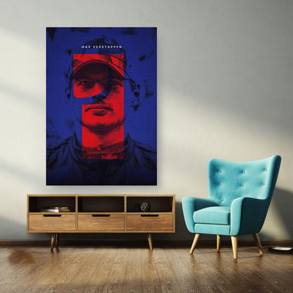 Max Verstappen metal print artwork featuring bold colors in a modern living room setting.