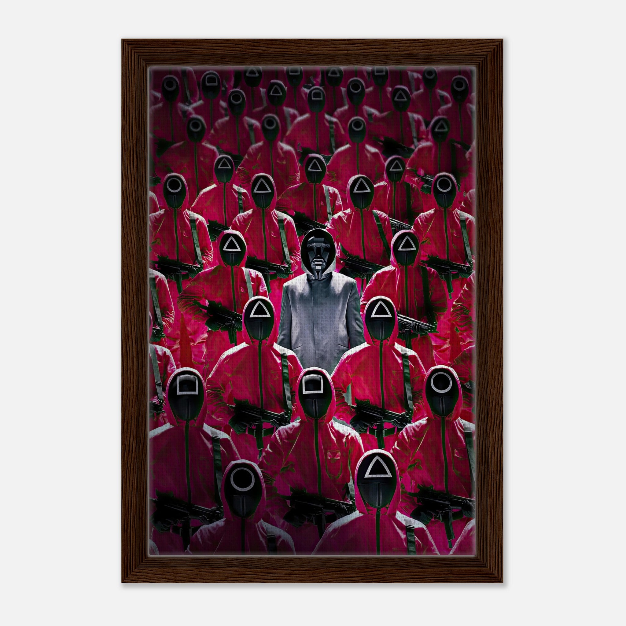 Squid Game Guards Framed Canvas Print featuring iconic red uniforms and masks, showcasing suspenseful art.