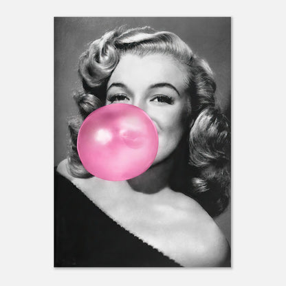 Marilyn Monroe posing with pink bubble gum in a black-and-white poster, showcasing her iconic beauty and playfulness.