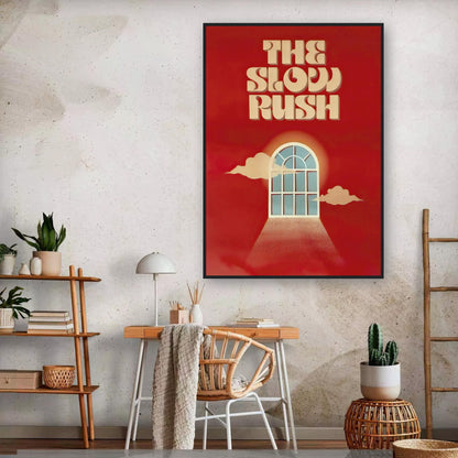 Framed print of "The Slow Rush" with retro typography and dreamy portal design, set in a modern interior.