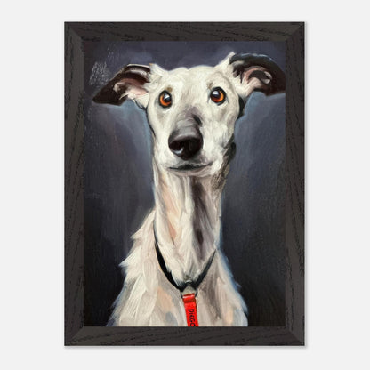 Vintage framed painting of a greyhound dog, showcasing its noble expression and sleek form.