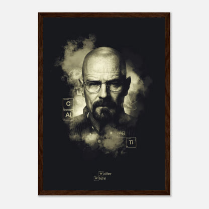 Walter White Heisenberg framed poster featuring a dramatic black-and-white portrait with smoky background and elements of science.