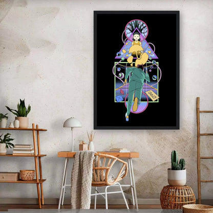 Framed "Doll Squid Game" print art displayed in a modern living room, featuring vibrant colors and iconic imagery.