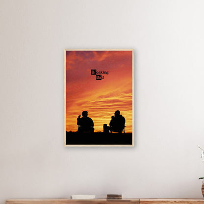 Breaking Bad framed poster featuring Walter White and Jesse Pinkman silhouetted against a vibrant sunset.