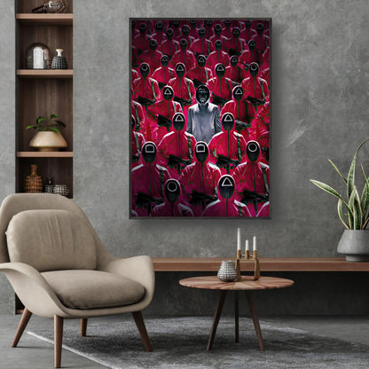 Squid Game Guards fine art print featuring iconic pink uniforms and the Front Man in a modern interior setting.