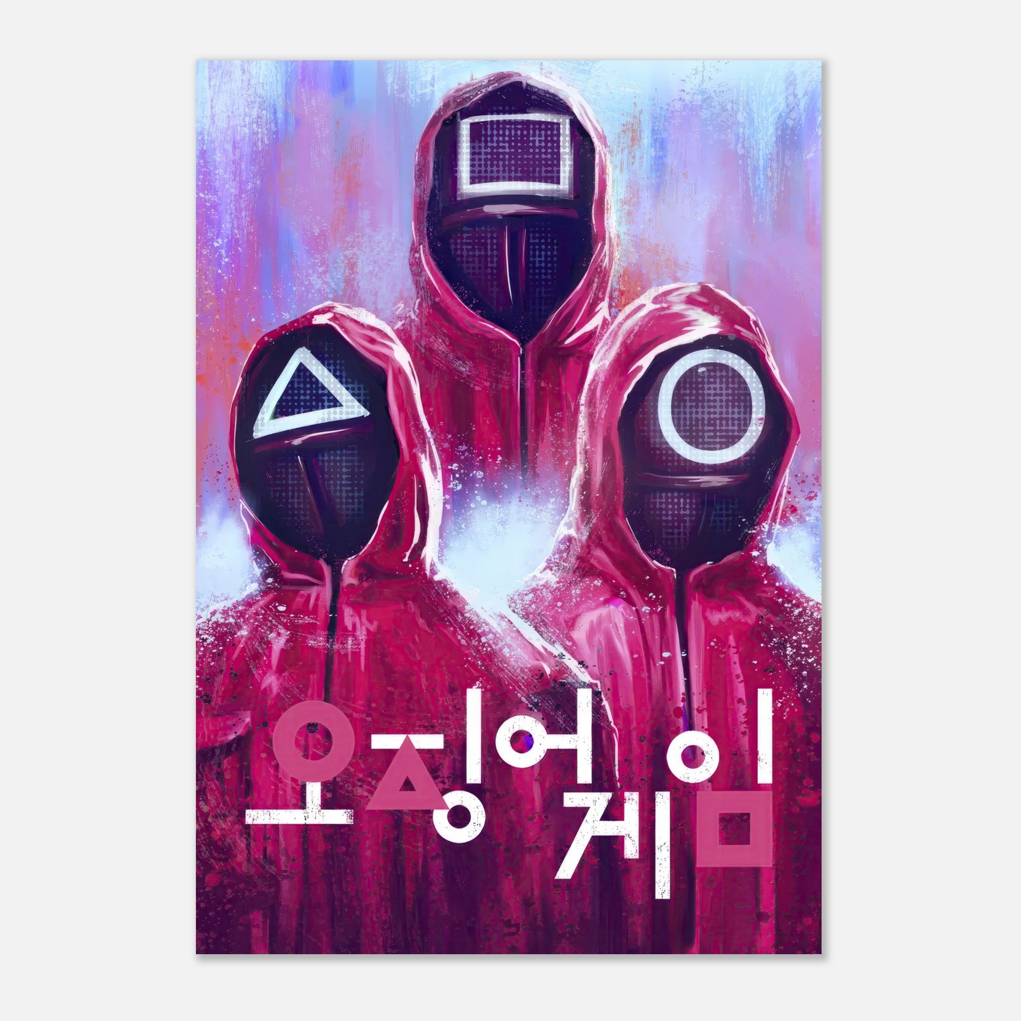 Squid Game poster featuring iconic guards in red suits with geometric masks and bold Korean text in vibrant colors.