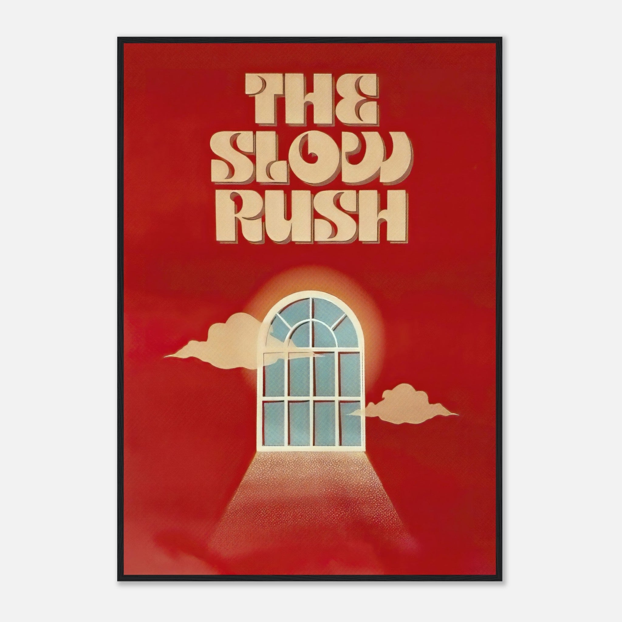 Framed print of "The Slow Rush" with retro typography and a dreamy portal design on a rich red background.