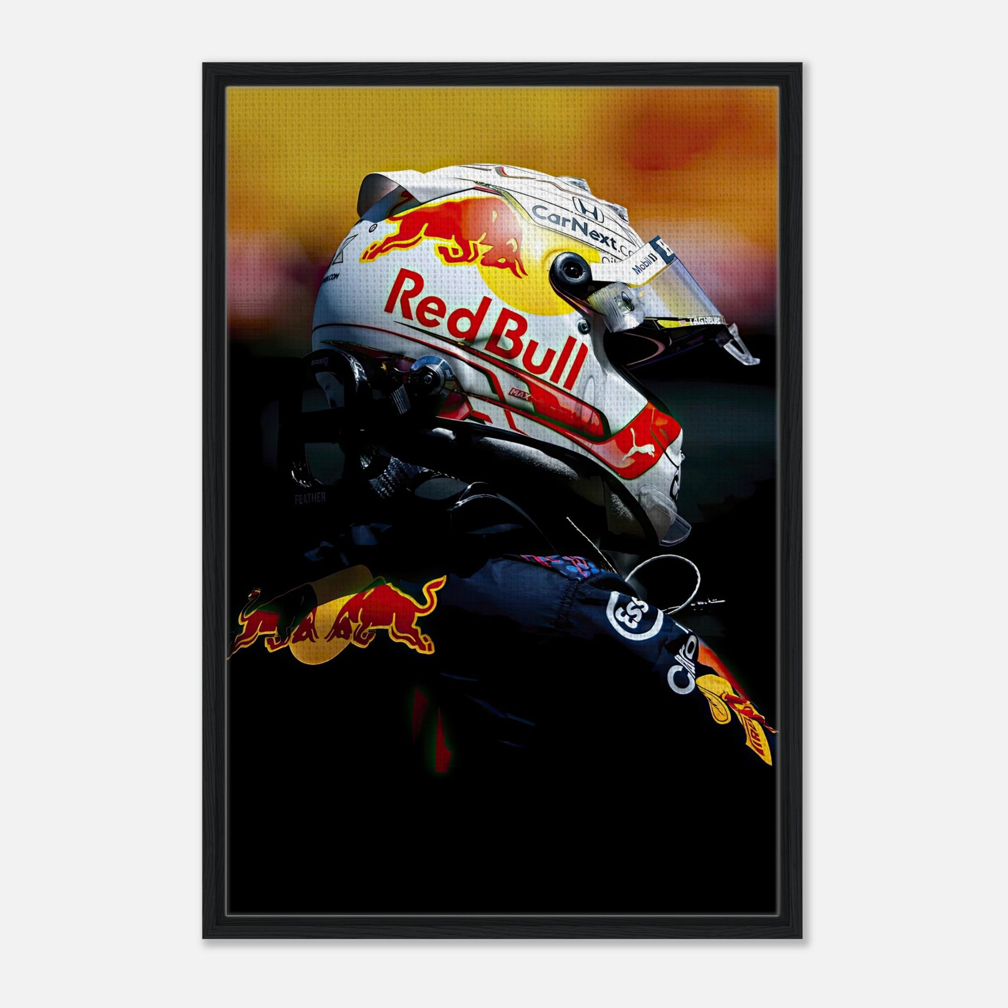 Framed canvas print of a Formula 1 driver's helmet featuring Red Bull branding, showcasing vibrant colors and details.