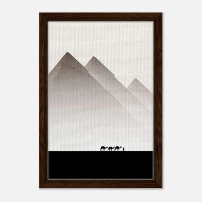 Pyramids of Giza framed canvas print featuring minimalist design and earthy tones with a silhouette of camels.