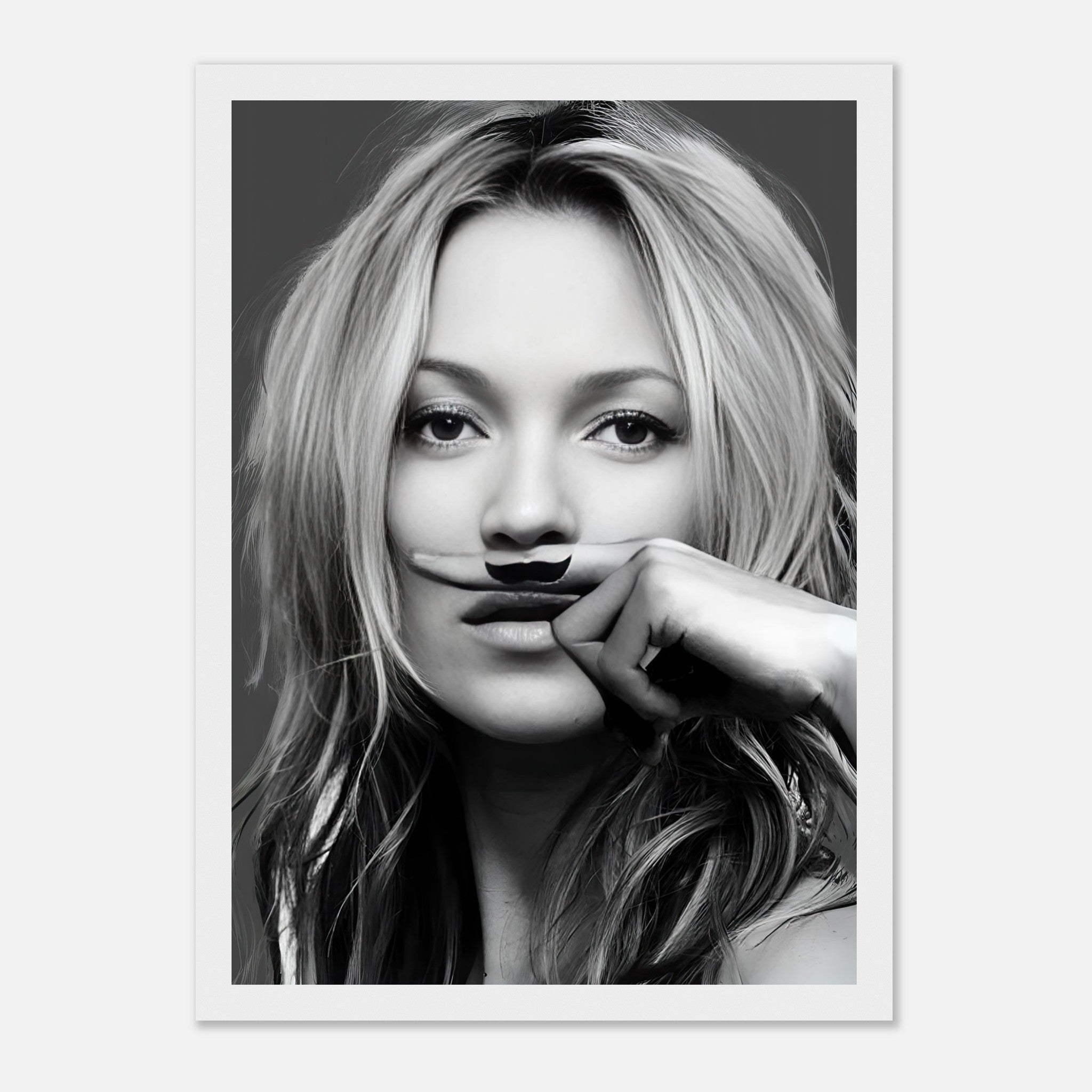 Black-and-white portrait of a woman with a playful mustache, framed art print adding style and humor to any space.