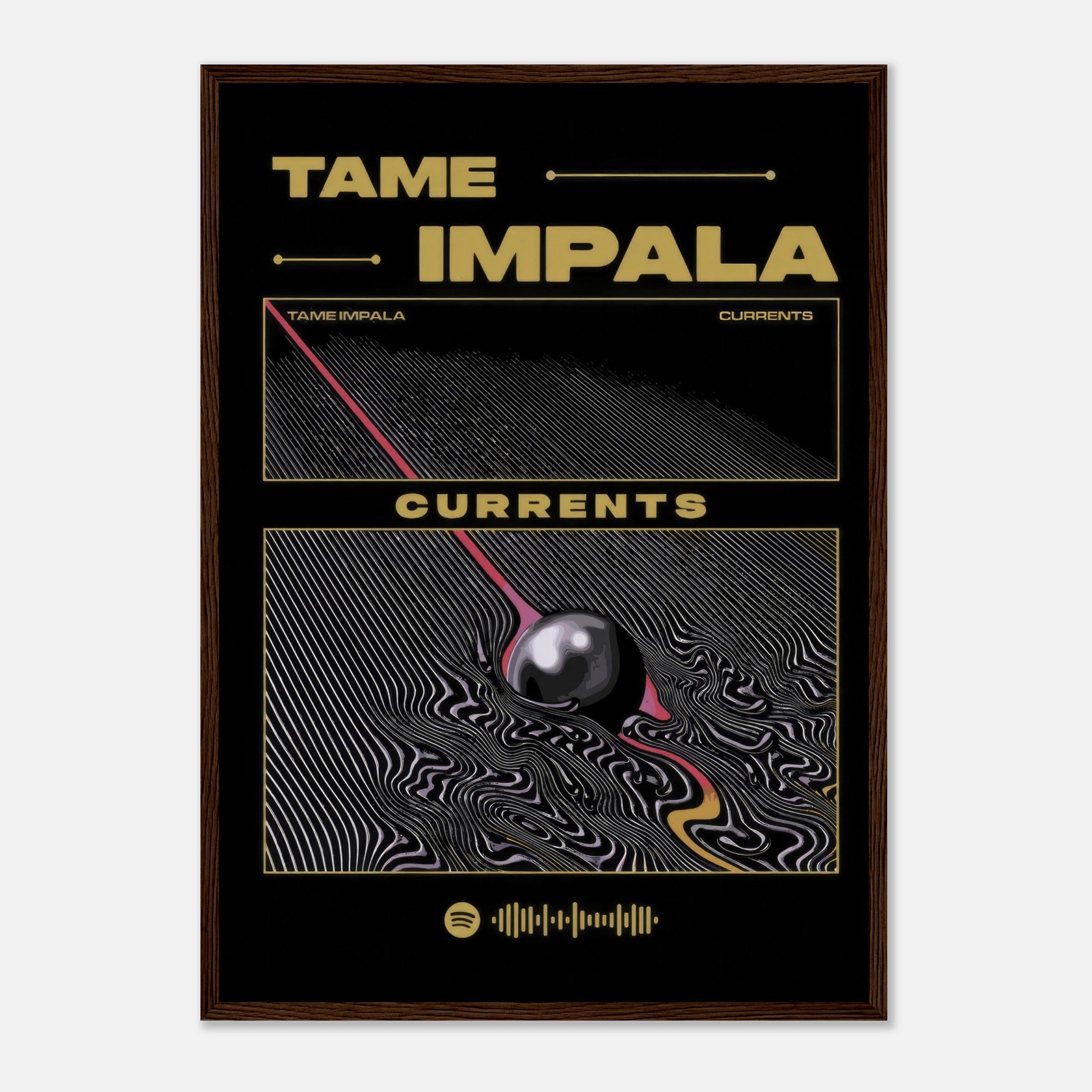 Tame Impala Currents framed poster featuring vibrant psychedelic artwork and sleek design on premium paper.