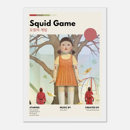 Vintage Squid Game poster featuring Red Light, Green Light doll with minimalist design and muted tones.