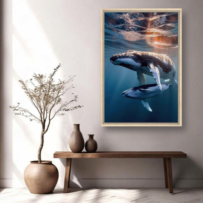 Underwater photography of humpback whale and calf, framed canvas print showcasing marine beauty and serenity.