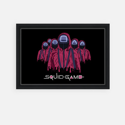 Squid Game Soldiers framed canvas print featuring masked guards in red uniforms against a black background.