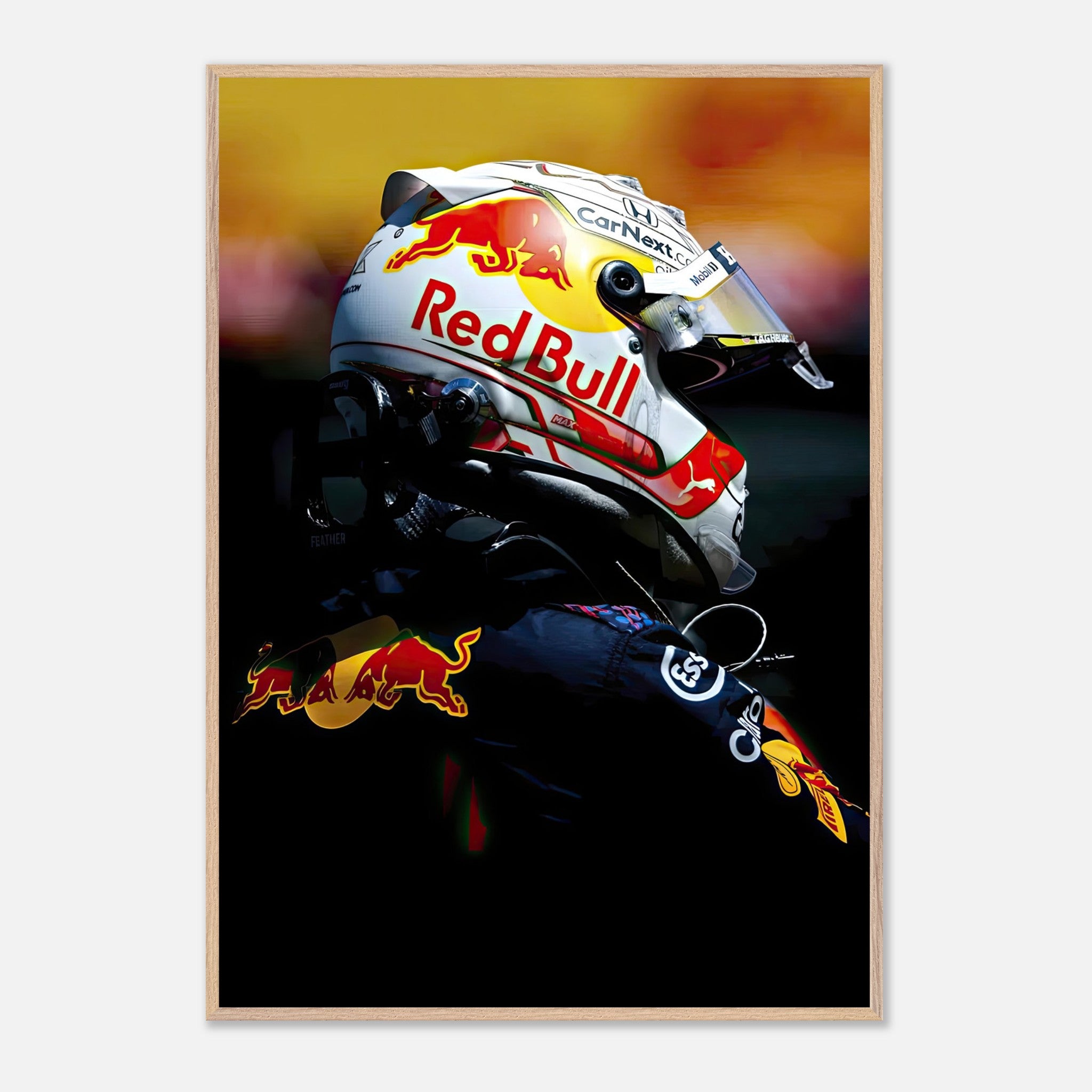 Max Verstappen fine art print featuring Red Bull helmet, vibrant colors, and sharp imagery for racing enthusiasts.