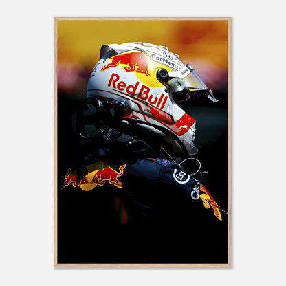 Max Verstappen fine art print featuring Red Bull helmet, vibrant colors, and sharp imagery for racing enthusiasts.