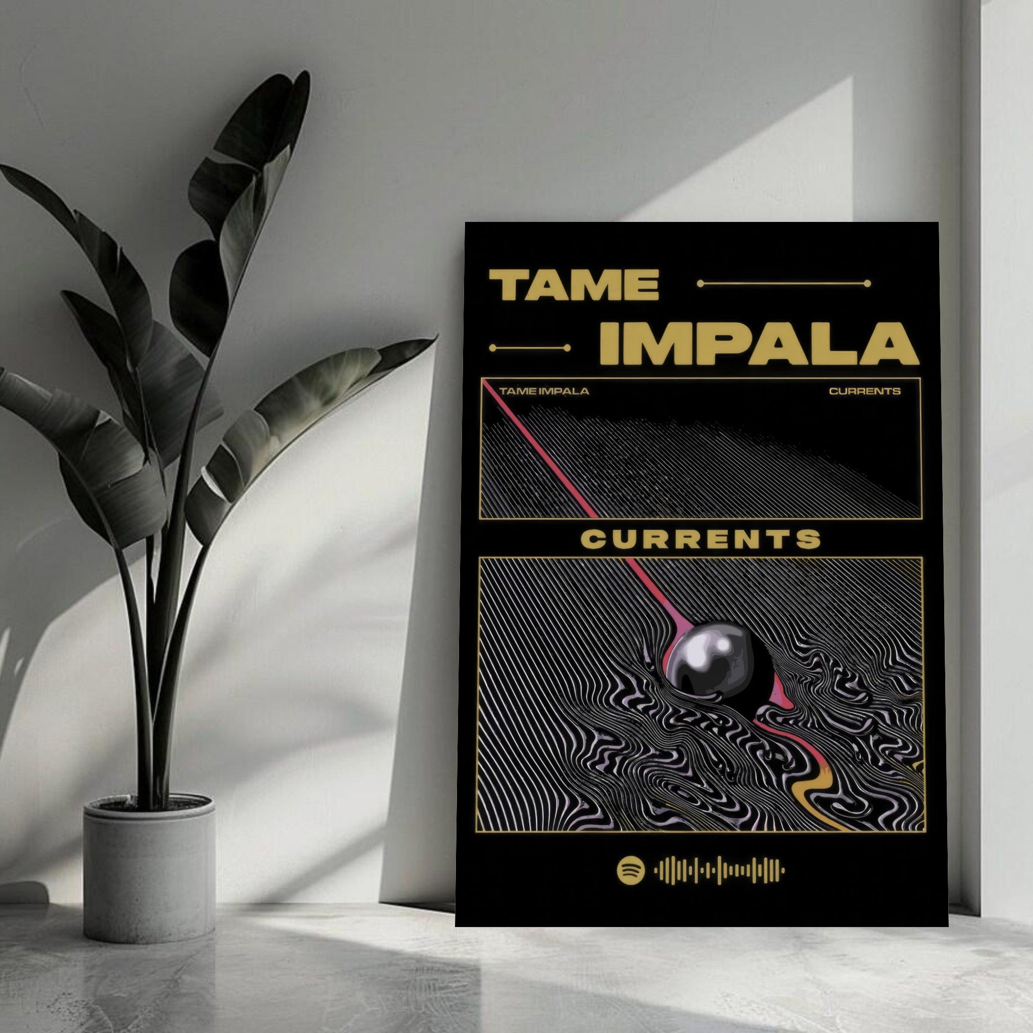 Tame Impala Currents poster featuring iconic album artwork with bold black and gold accents in modern living space.