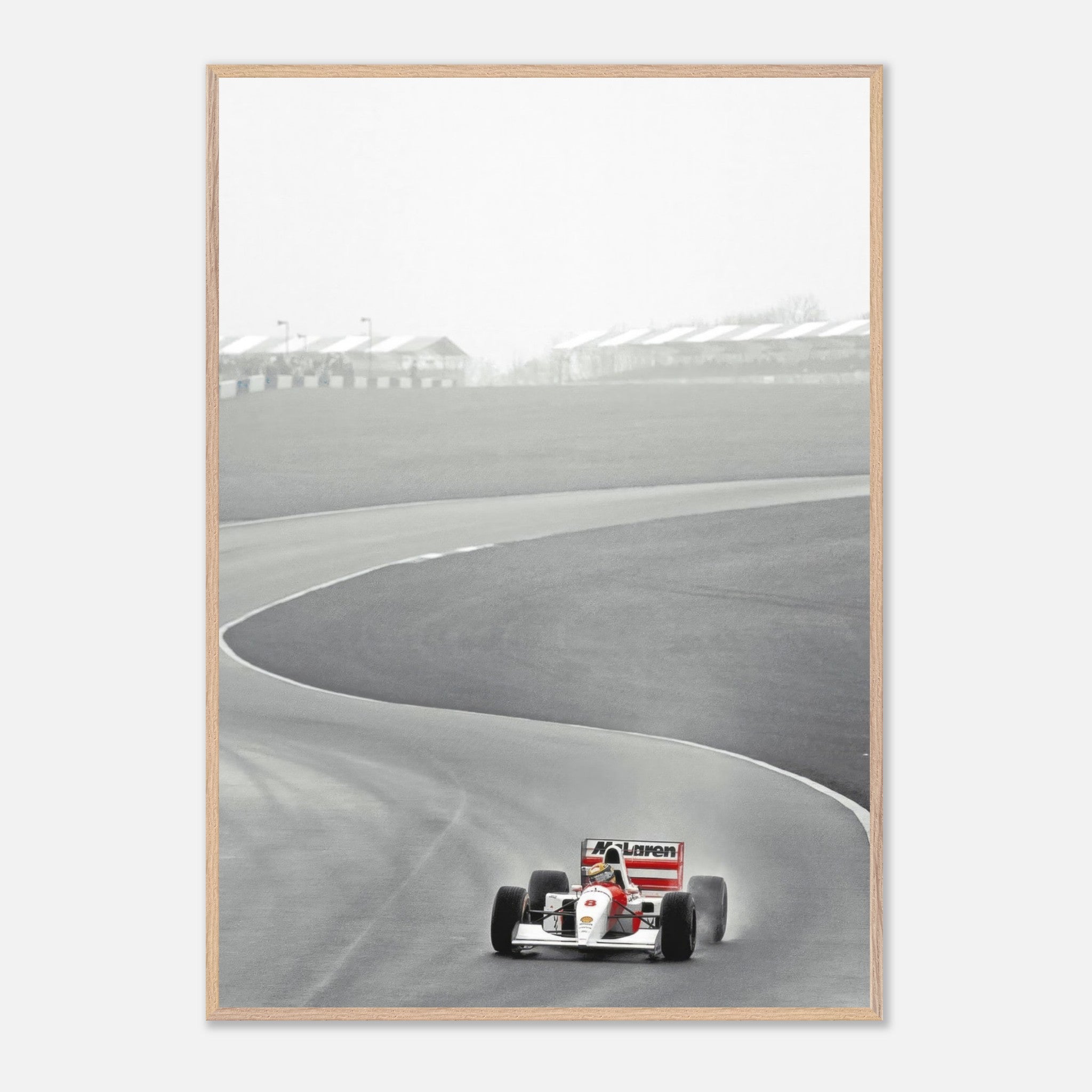 1988 Ayrton Senna McLaren MP4/4 framed fine art print capturing a thrilling Formula 1 racing moment.