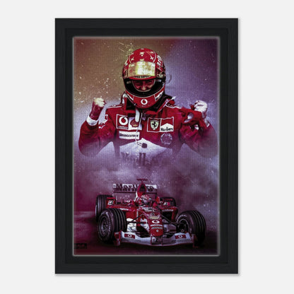 Framed canvas print of Michael Schumacher celebrating in his Ferrari race suit with a Formula 1 car background.