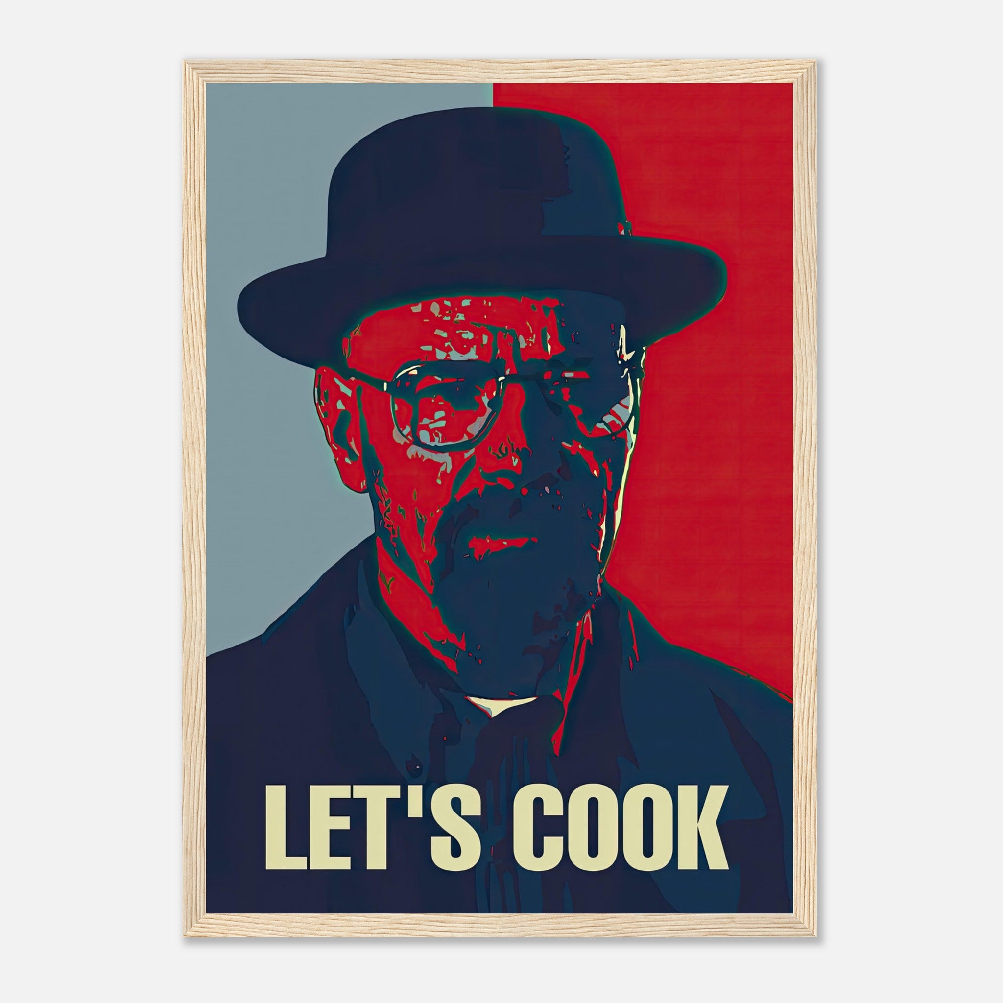 Heisenberg Let's Cook framed pop art print with bold red and blue colors, perfect for fans and contemporary decor.