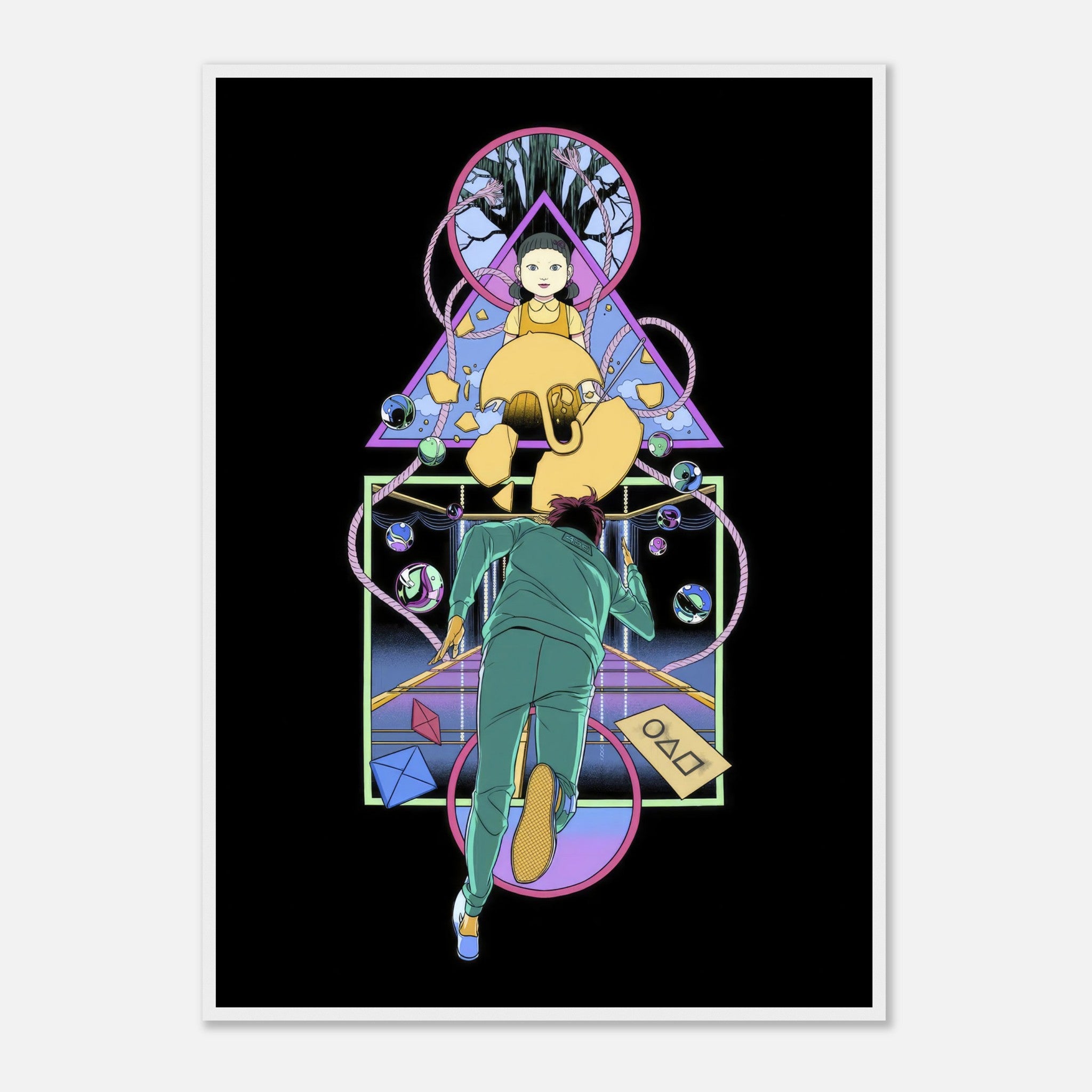 Doll Squid Game framed print featuring iconic doll and player in vibrant colors and intricate details.