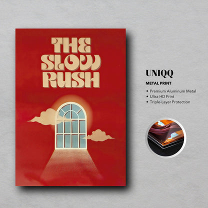 "The Slow Rush Metal Poster featuring vibrant red hues and a radiant arched window design, premium aluminum print."