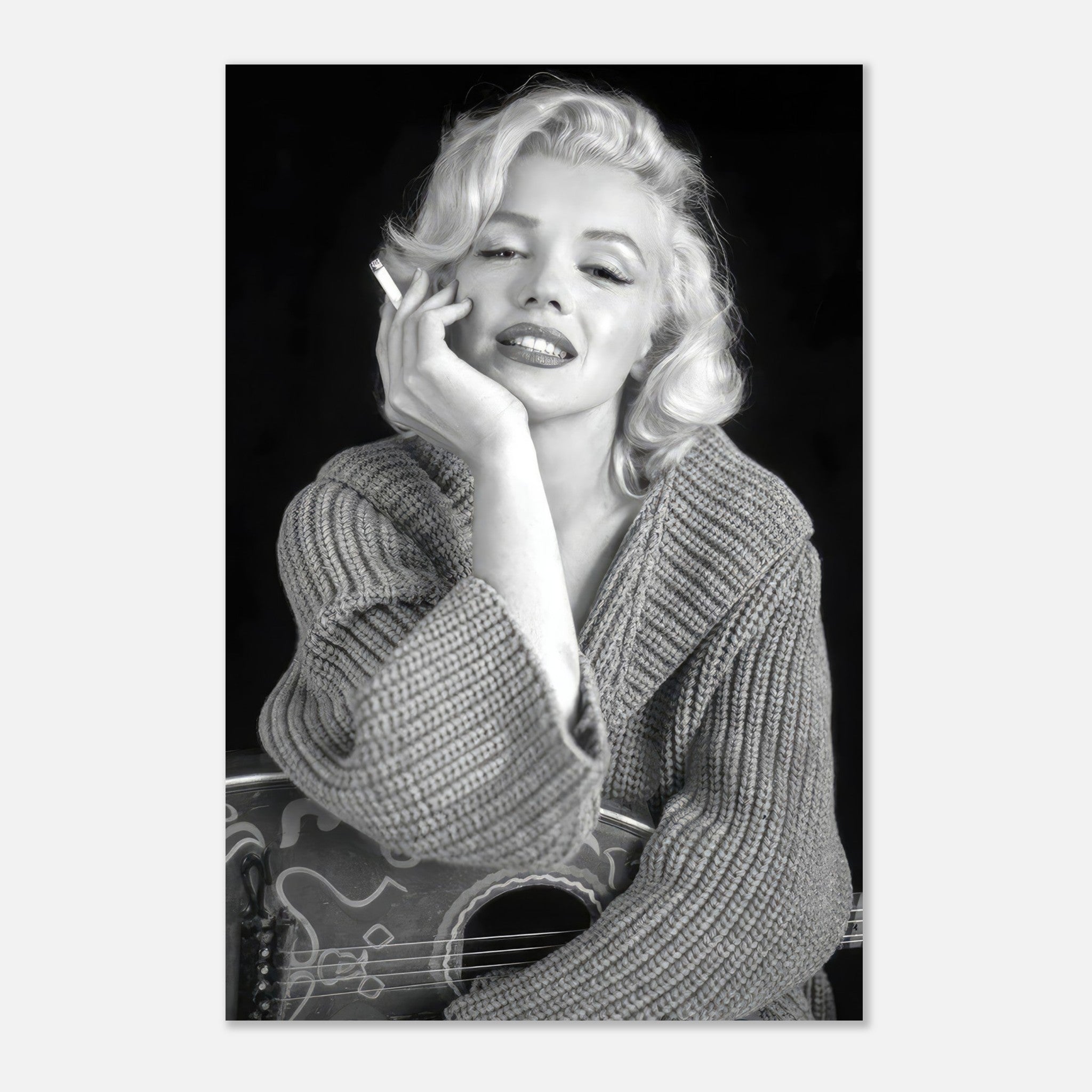 Marilyn Monroe smoking in a cozy sweater, captured in a striking black and white metal print. Elegant Hollywood charm.