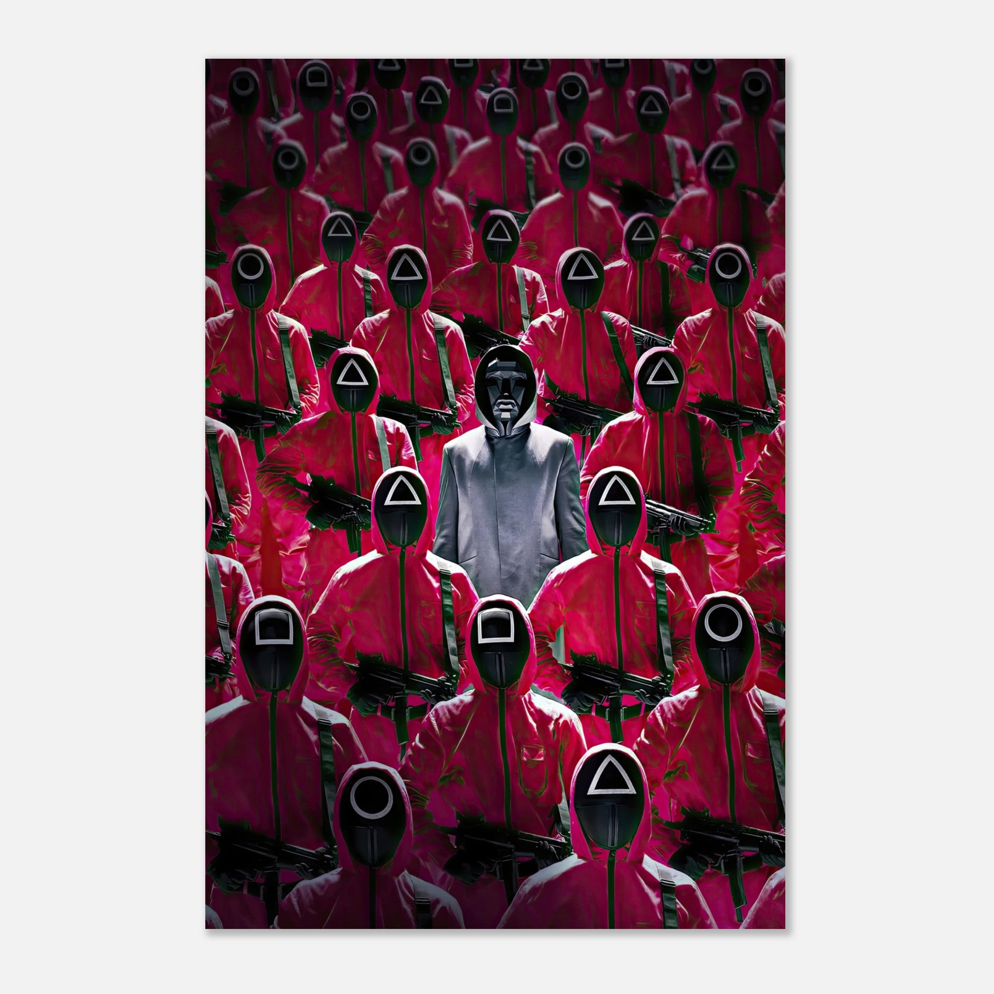 Squid Game Guards metal print featuring pink-clad guards and their leader in a striking, intense design.