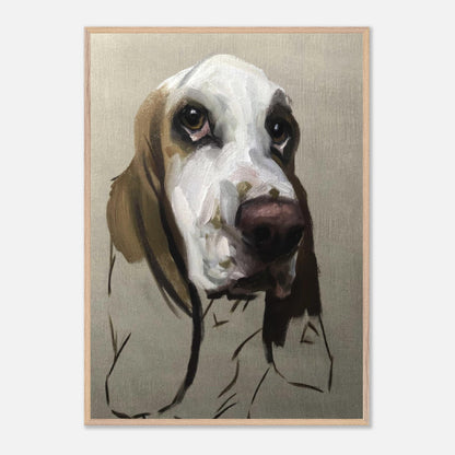 Basset Hound dog painting in fine art style with soulful expression and museum-quality detail.