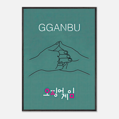 GGANBU Squid Game fine art print featuring two hands in a pinky promise on a deep teal background.