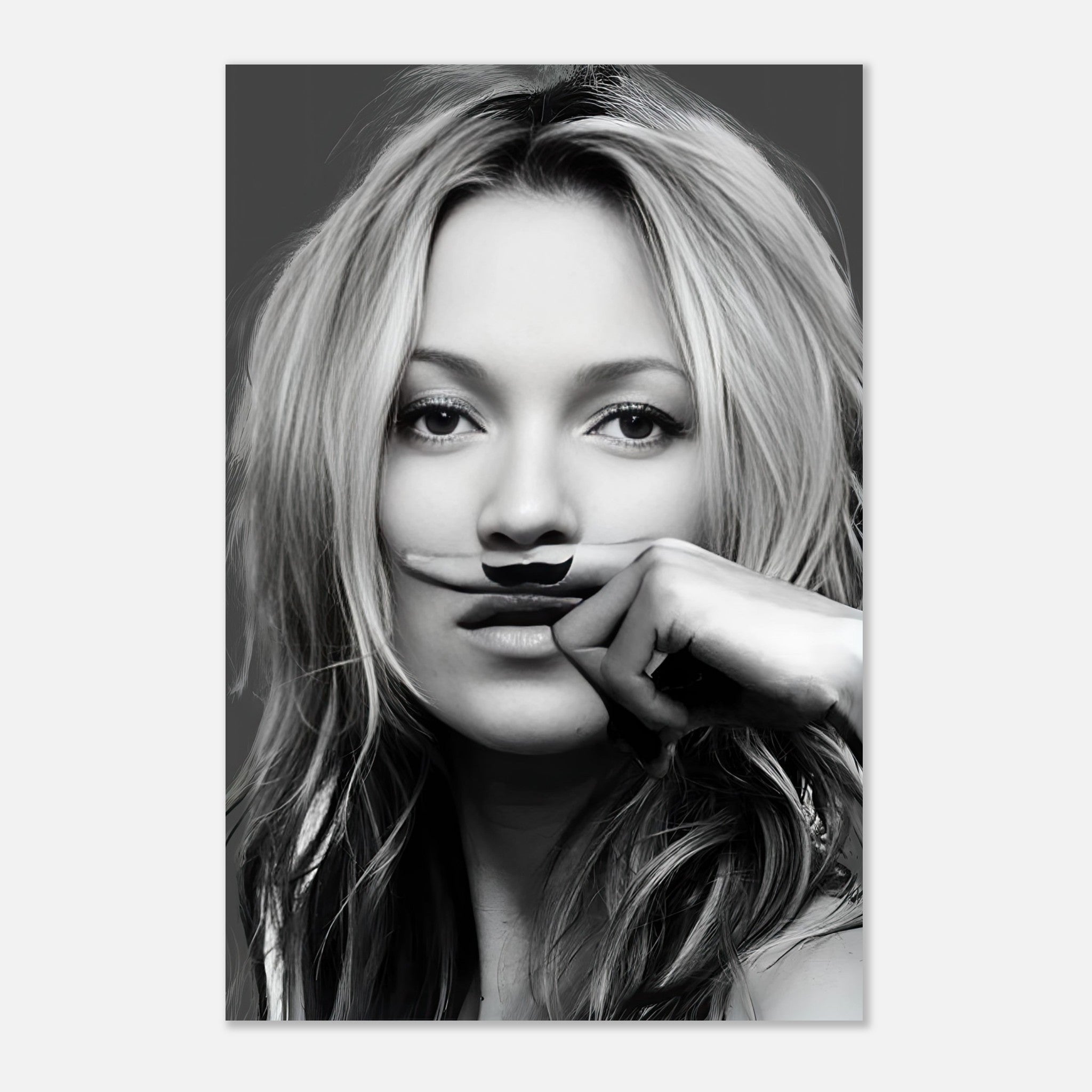 Kate Moss Mustache metal print featuring a stylish black and white portrait with a playful mustache detail.