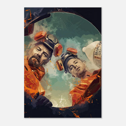 "Cook & Clean Breaking Bad metal print featuring Walter White and Jesse Pinkman in iconic hazmat suits"