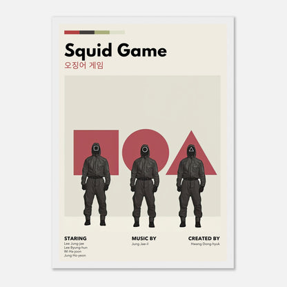 Squid Game Vintage Framed Print featuring iconic characters and retro design elements from the hit series.