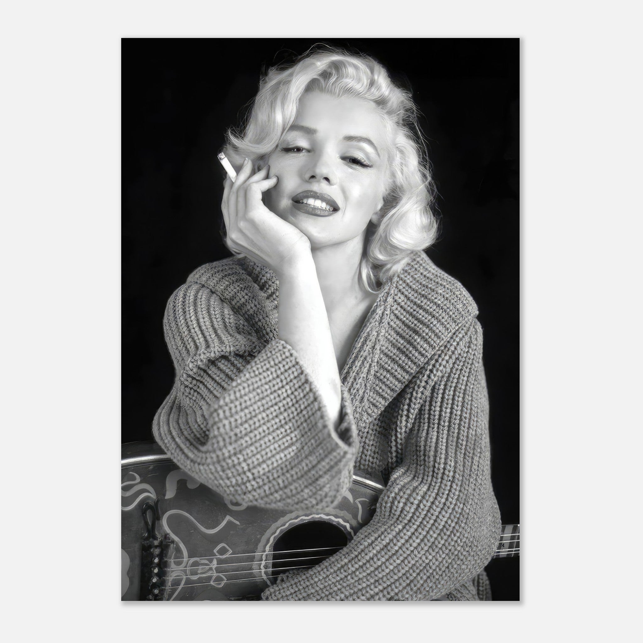 Marilyn Monroe smoking a cigarette in a cozy sweater, captured in a stunning black-and-white poster.