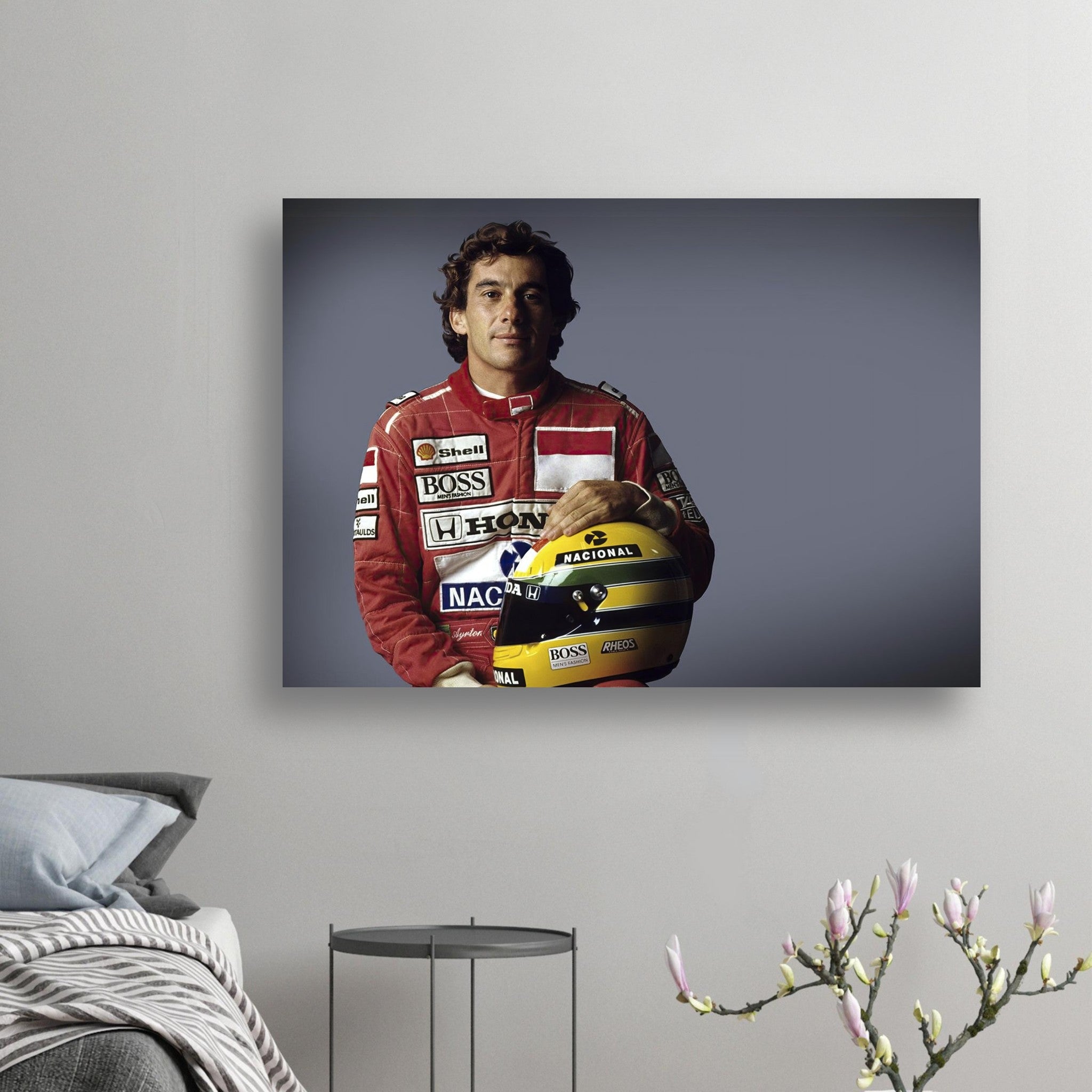 Ayrton Senna poster in vivid color, showcasing the legendary F1 driver with his iconic helmet and racing suit.