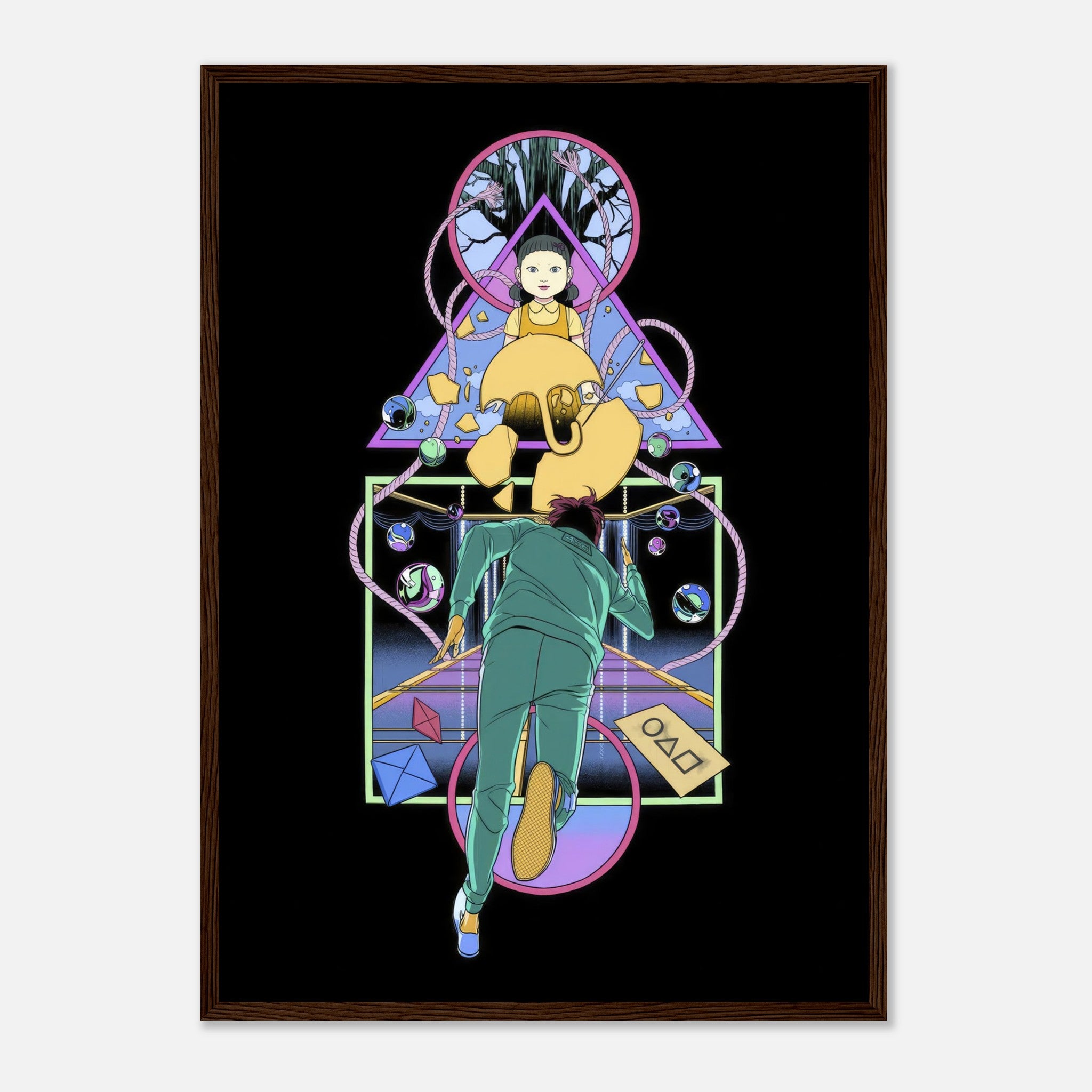 Framed print of Doll from Squid Game with vibrant colors and a player in a suspenseful scene, perfect for fans of the series.