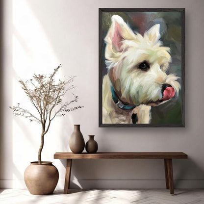 Westie dog painting displayed in a modern interior setting, showcasing fine art with vibrant colors and expressive details.